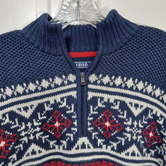 IZOD Sweater Men L 1/4 Zip Fair Isle Nordic Pullover Ski Navy Blue Preppy Chunky - Picture 6 of 16